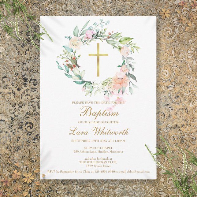Save The Date Baptême Christening Floral Aquarelle Garland (Baptism Christening Floral Watercolor Garland Save The Date)