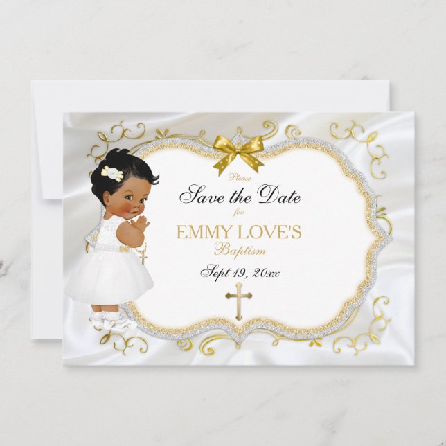 Save The Date Baptême de fille Bébé Enregistrer Date Croix d'or  (Devant)