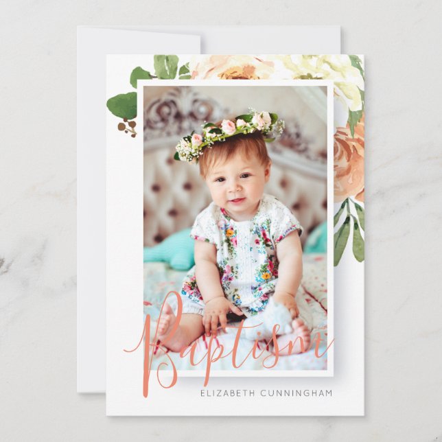 Save The Date Baptême Pour Son Aquarelle Florale Photo Personnal (Devant)