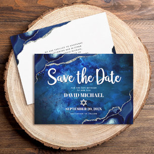 Save The Date Bar Mitzvah Moderne Blue Agate Aquarelle Script