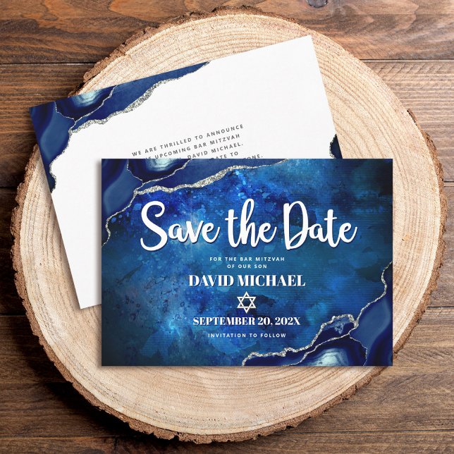 Save The Date Bar Mitzvah Moderne Blue Agate Aquarelle Script (Créateur téléchargé)