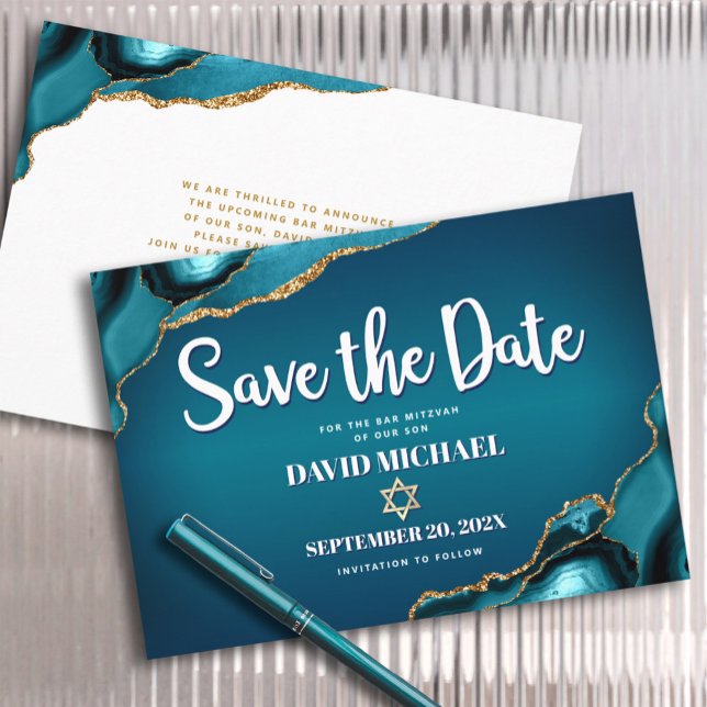 Save The Date Bar Mitzvah Moderne Turquoise Ombre Agate Script (Créateur téléchargé)
