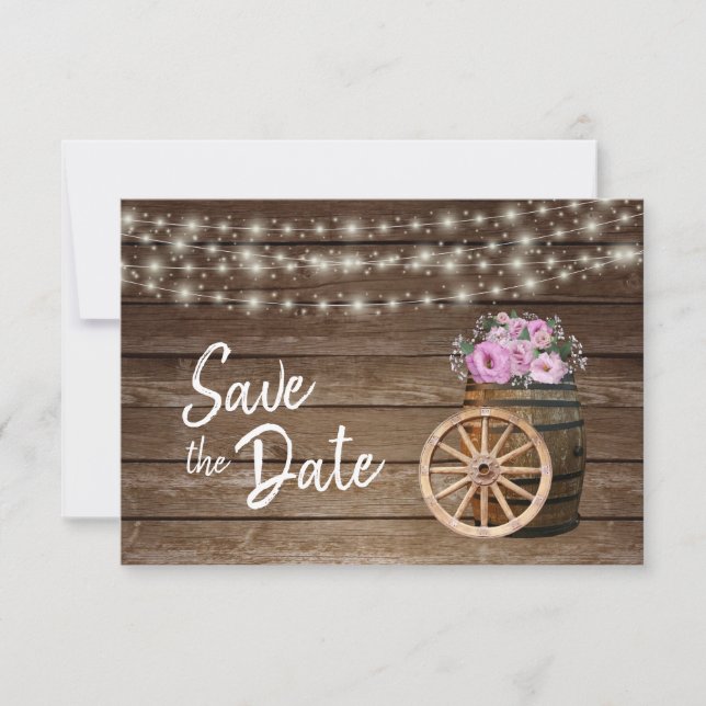 Save The Date Baril Rustique En Bois Et Fleurs Roses - Enregistr (Devant)