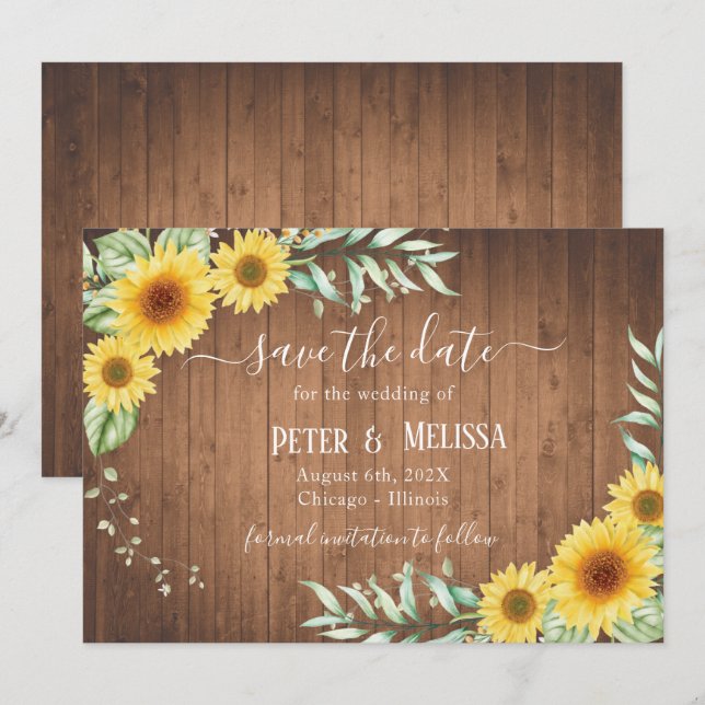 Save the Date Barn Wood Sunflower Announcement (Front/Back)
