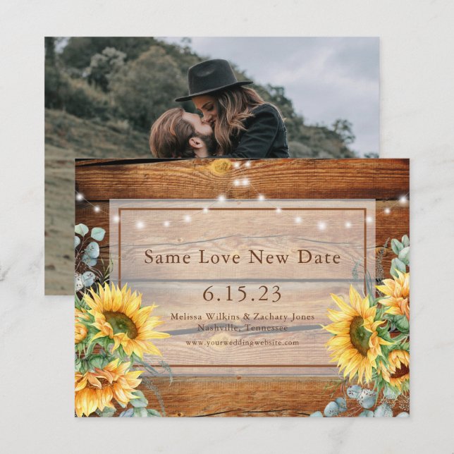 Save The Date Barn Wood Sunflower Photo Modifier la date Enregis (Devant / Derrière)