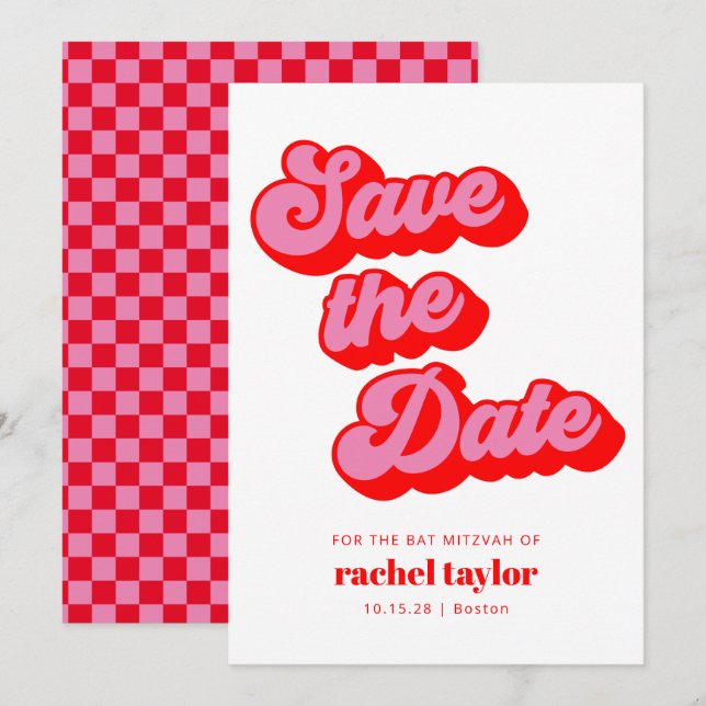 Save The Date Bat mitzvah de tableau de bord rouge rose rétro (Devant / Derrière)