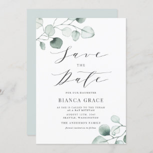 Save The Date Bat mitzvah Feuille Boho Dusty Blue Eucalyptus