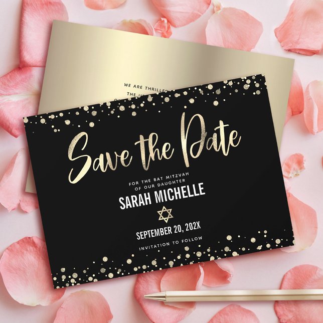 Save The Date Bat mitzvah moderne Black Gold Parties scintillant (Créateur téléchargé)