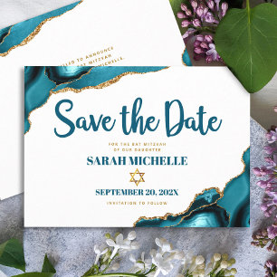 Save The Date Bat mitzvah Moderne Turquoise Gold Agate Script