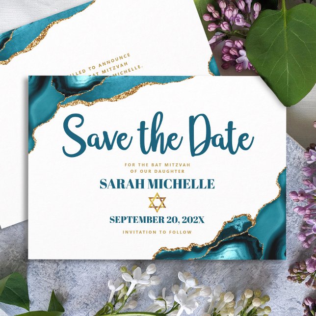 Save The Date Bat mitzvah Moderne Turquoise Gold Agate Script (Créateur téléchargé)