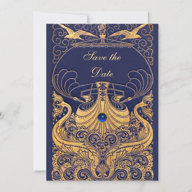 Save The Date Bateau antique, Dauphins, Or, Bleu marine (Devant)