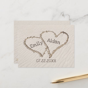 Save The Date Beach Hearts with Names Postcard