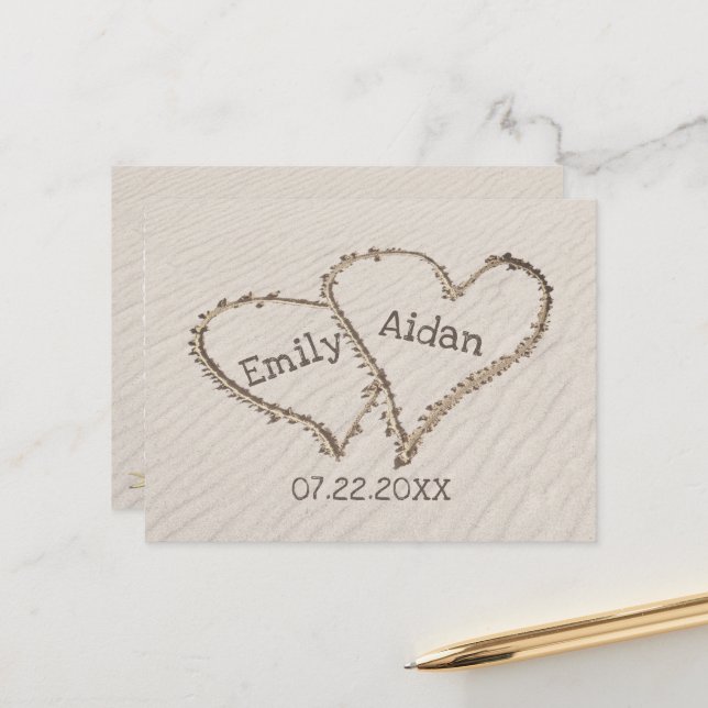 Save The Date Beach Hearts with Names  Postcard (Front/Back In Situ)