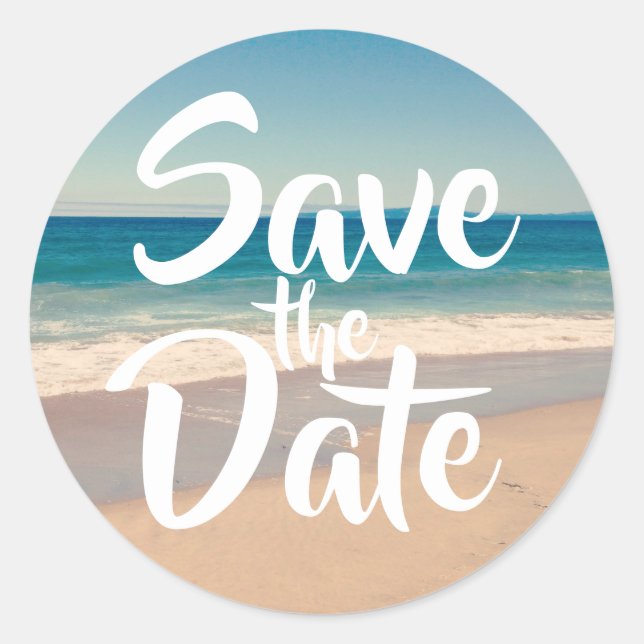 Save the Date Beach Photo Classic Round Sticker (Front)