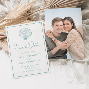 Save The Date Beach Seashell Elegant Aqua Blue Mariage