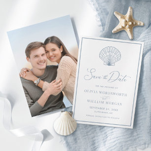 Save The Date Beach Seashell Elegant Dusty Blue Mariage