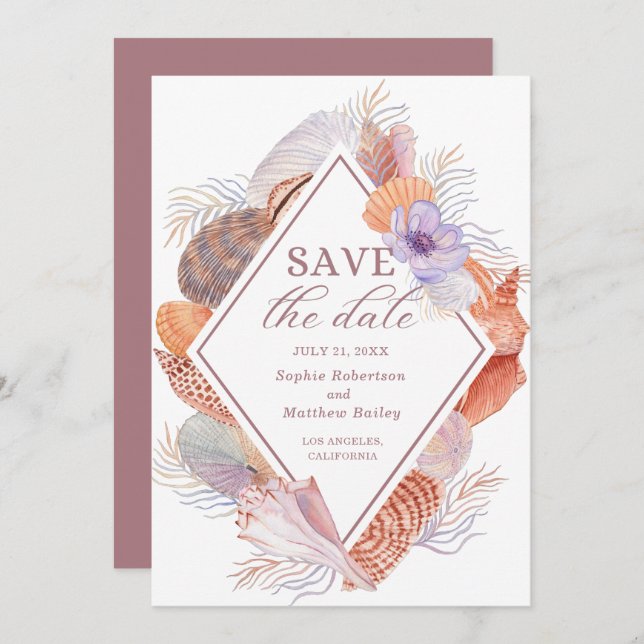 Save The Date Beach Seashells Aquarelle Côte Chic Mariage (Devant / Derrière)