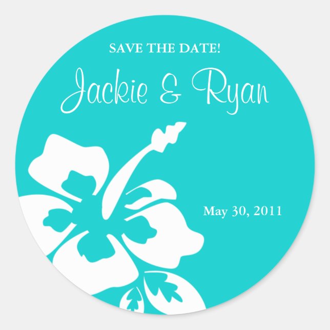 Save the Date Beach Wedding Stickers Hibiscus Blue (Front)