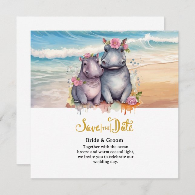 Save The Date  Beach Wedding with Hippo Couple  (Devant / Derrière)