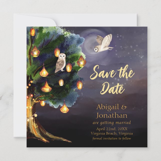 Save The Date Beau arbre avec lanternes, Lune, Chouette Mariage (Devant)