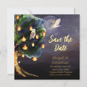 Save The Date Beau arbre avec lanternes, Lune, Chouette Mariage