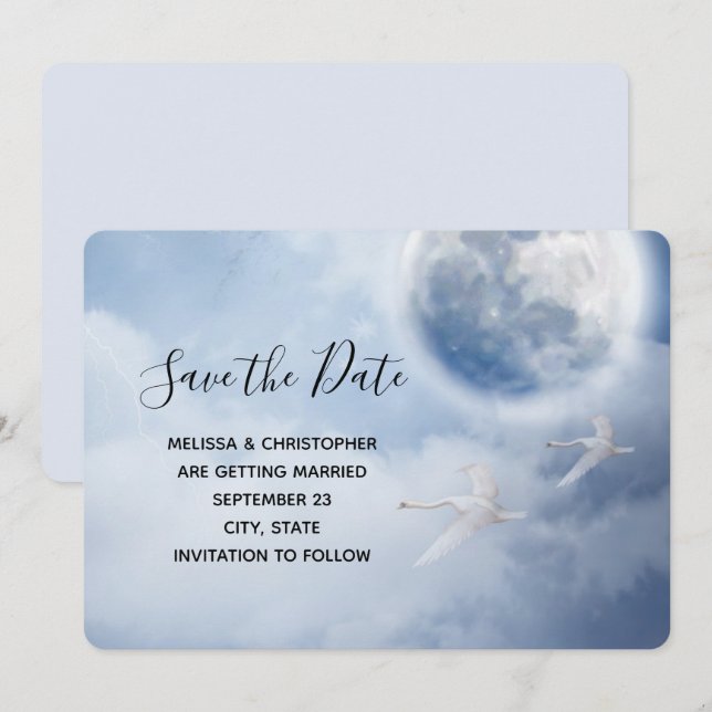 Save The Date Beau ciel bleu avec Mariage de cygnes volants (Devant / Derrière)