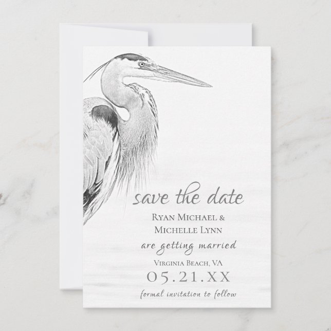 Save The Date Beau Mariage de croquis d'oiseaux d'eau de Héron b (Devant)