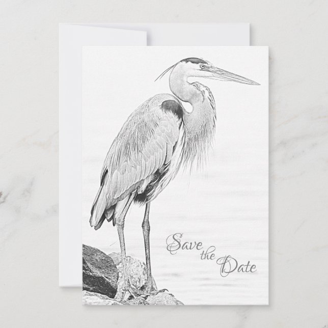 Save The Date Beau Mariage de croquis d'oiseaux d'eau de Héron b (Devant)