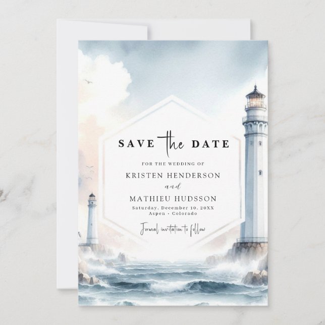 Save The Date Beau Mariage de phare Oceanic Elegance (Devant)