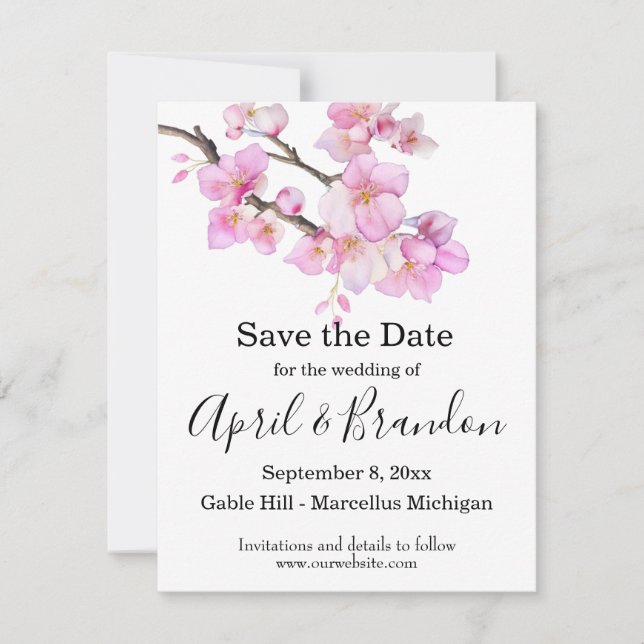 Save The Date Beau script de fleurs de cerisiers rose aquarelle (Devant)