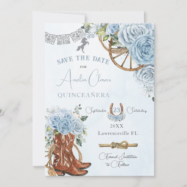 Save The Date Bébé Bleu Floral Far West Charro Quinceanera XV (Devant)