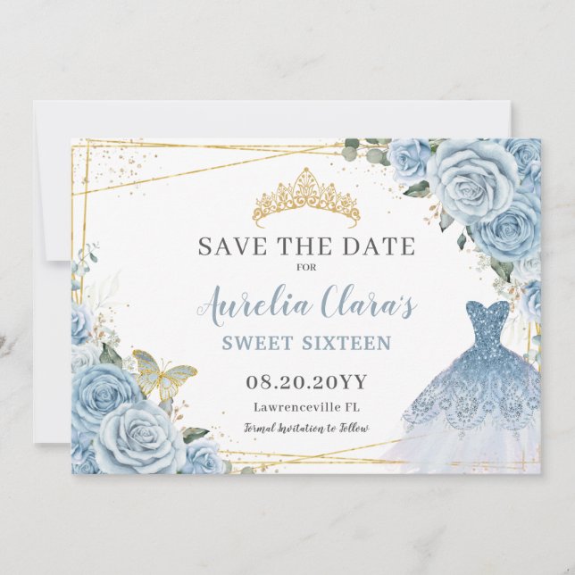 Save The Date Bébé bleu Floral Quinceanera Sweet sixteen robe (Devant)