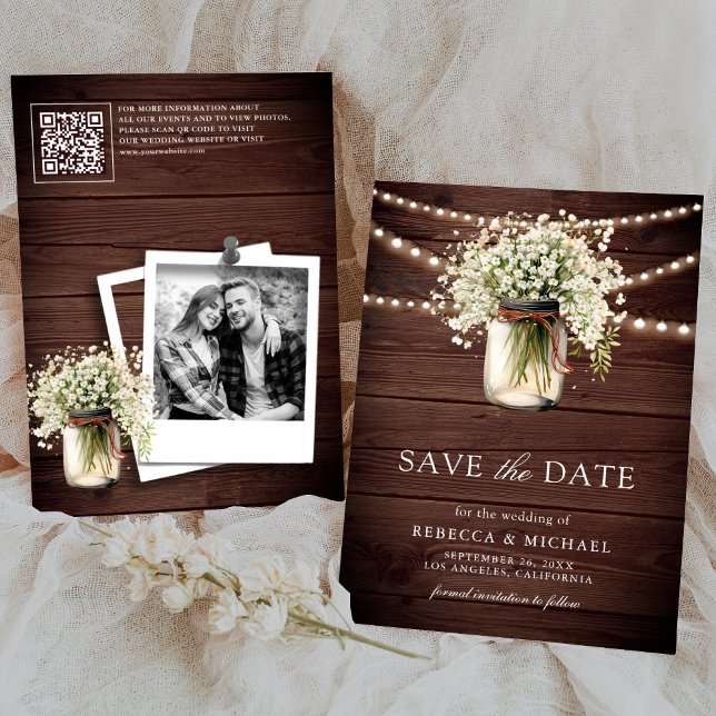 Save The Date Bébé respirer Mason Jar Wood QR Code Mariage Photo (Créateur téléchargé)