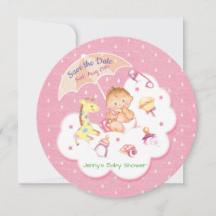 Save The Date Bébé sur nuage rose sous parapluie