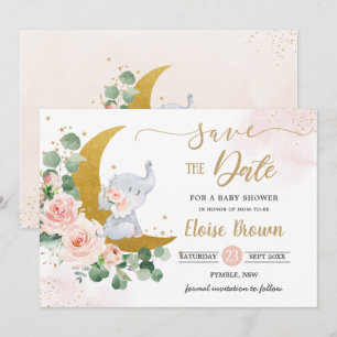 Save The Date Bébé Whimsical Elephant Crescent Lune Blush Floral