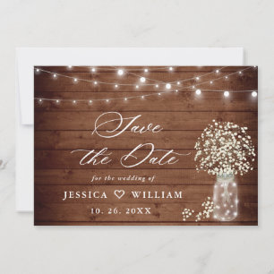 Save The Date Bébé's Breath Mason Jar Rustic Wood Mariage