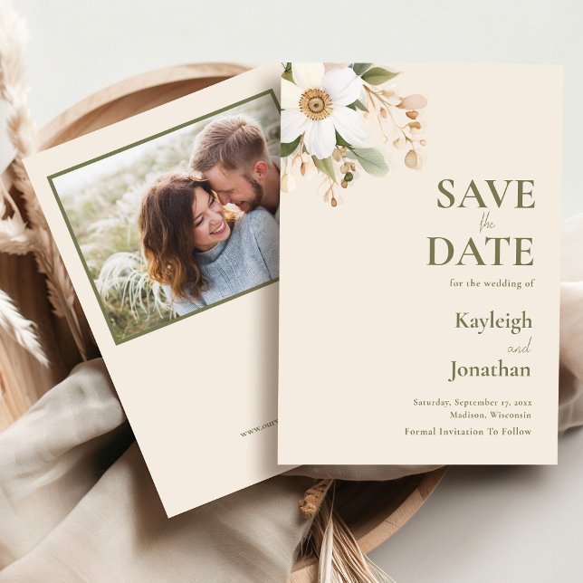 Save The Date Beige Moderne Aquarelle Floral Mariage Photo (Créateur téléchargé)
