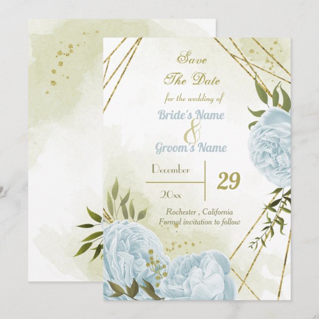Save The Date belle fleurs bleues vert feuille botanique (Devant / Derrière)