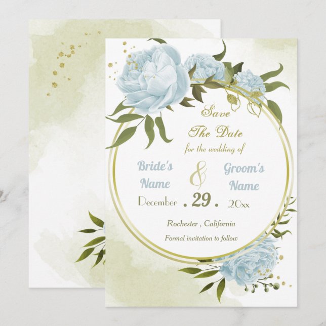 Save The Date belle fleurs bleues vert feuille couronne (Devant / Derrière)