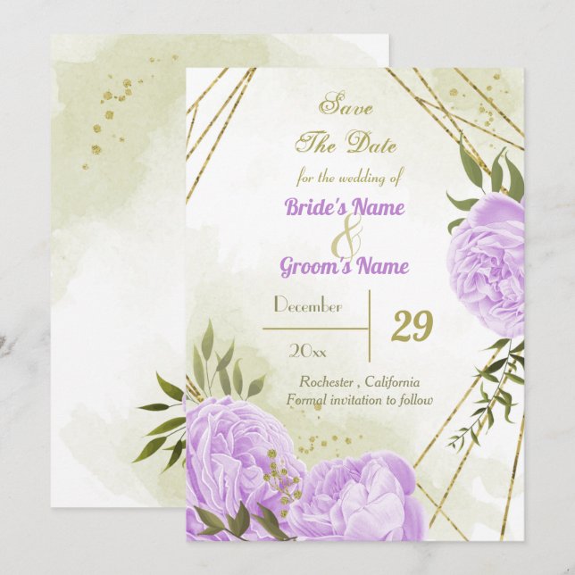 Save The Date belle fleurs violettes vert feuille botanique (Devant / Derrière)