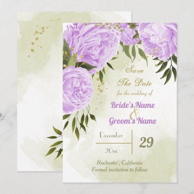Save The Date belle fleurs violettes vert feuille botanique (Devant / Derrière)
