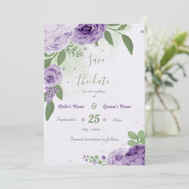 Save The Date belle fleurs violettes vert feuille botanique (Debout devant)