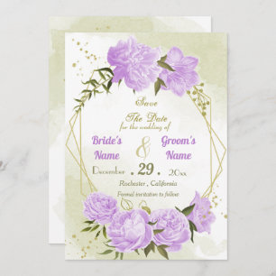 Save The Date belle fleurs violettes vert feuille géométrique