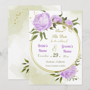 Save The Date belle fleurs violettes vert feuilles couronne