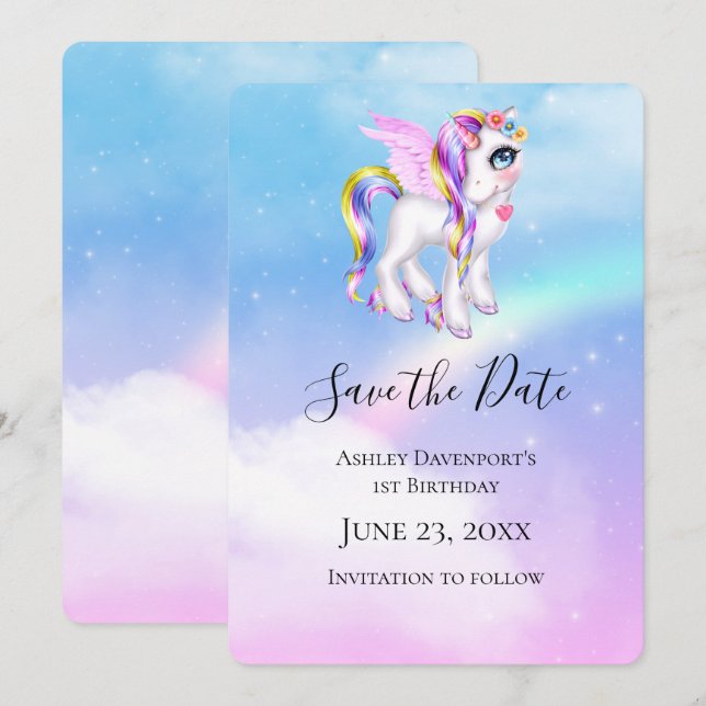 Save The Date Belle licorne avec Rainbow Mane (Devant / Derrière)