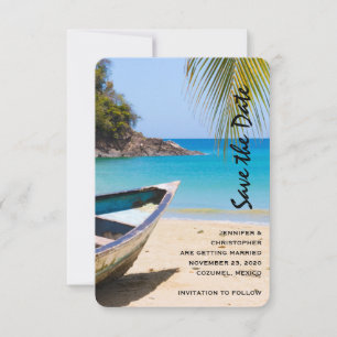 Save The Date Belle plage tropicale avec bateau à rames