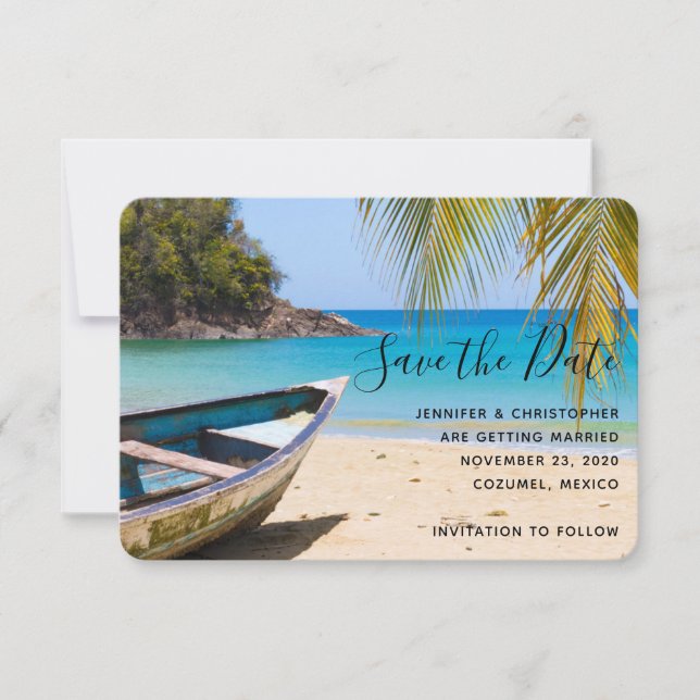 Save The Date Belle plage tropicale avec bateau à rames (Devant)