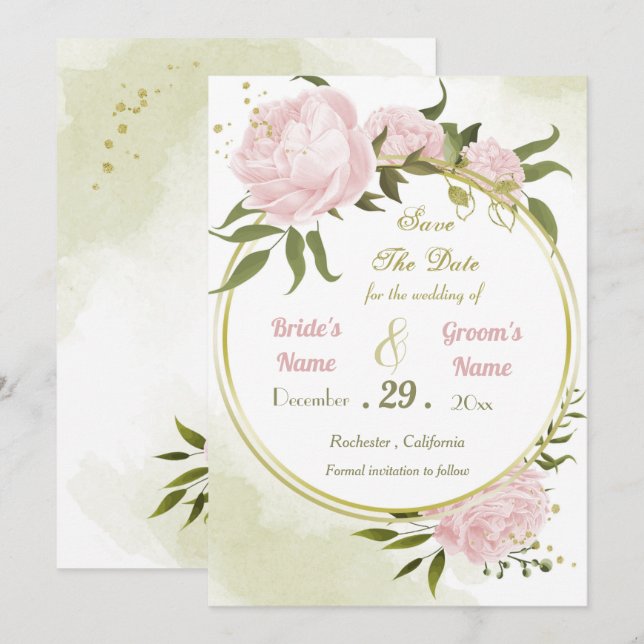 Save The Date belle rose fleurs vert feuille couronne (Devant / Derrière)
