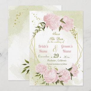 Save The Date belle rose fleurs vert feuilles géométrique