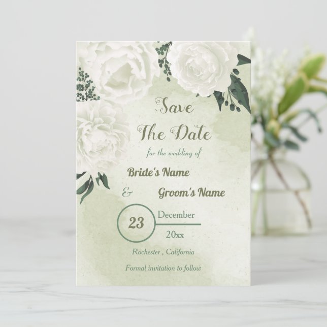 Save The Date belles fleurs blanches avec feuilles verts (Debout devant)